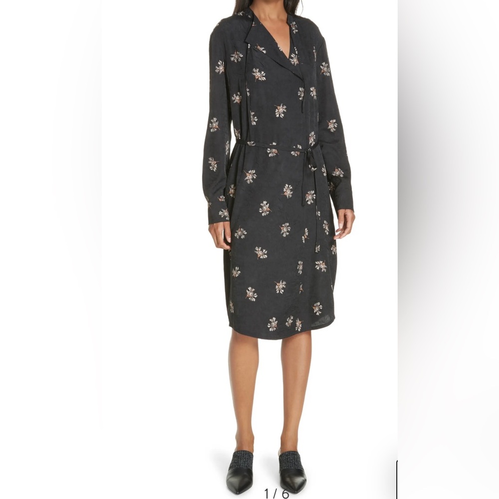 Vince Tossed Bouquet Floral Neck Tie-Dress Black size L